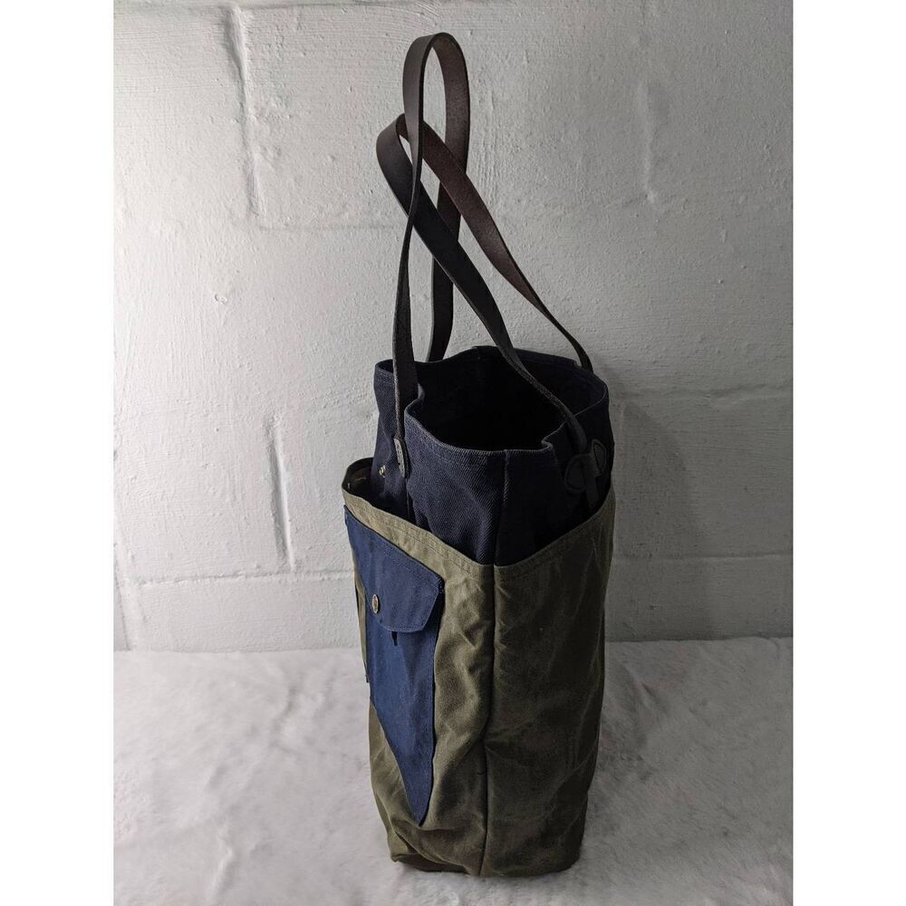 Filson Vintage Two Tone Tote Bag Canvas Green Navy w Pockets **Distressed Stains - Picture 5 of 16